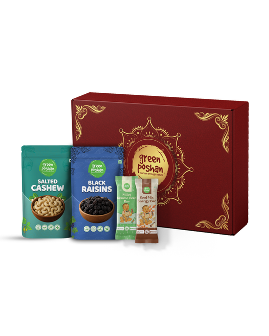 Poshan Hamper 250g — salted cashews, black raisins, millet sesame bar, seed mix energy bar, Green Poshan Nagpur