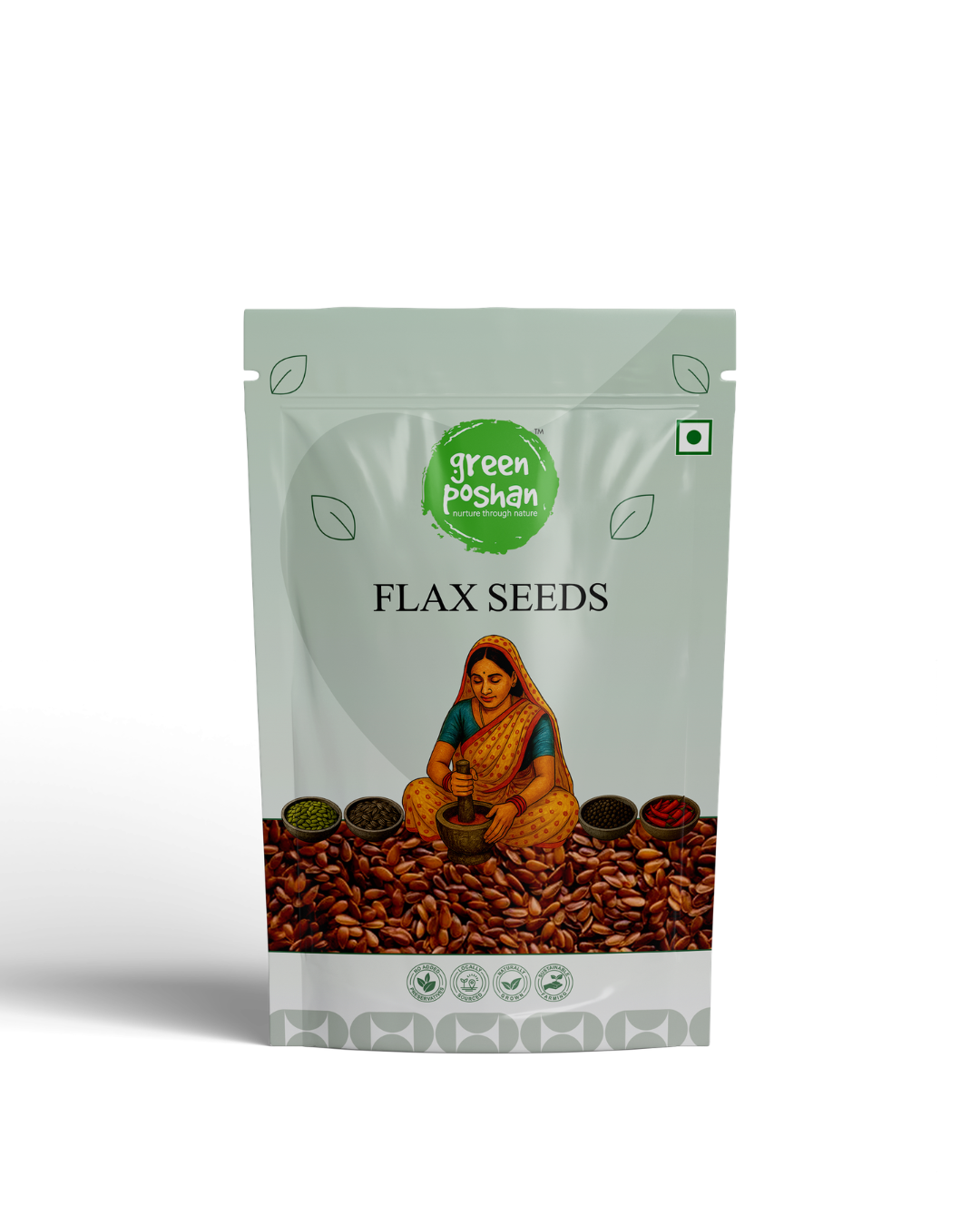 Packaging of flax seeds with a woman and seeds illustration on a white background